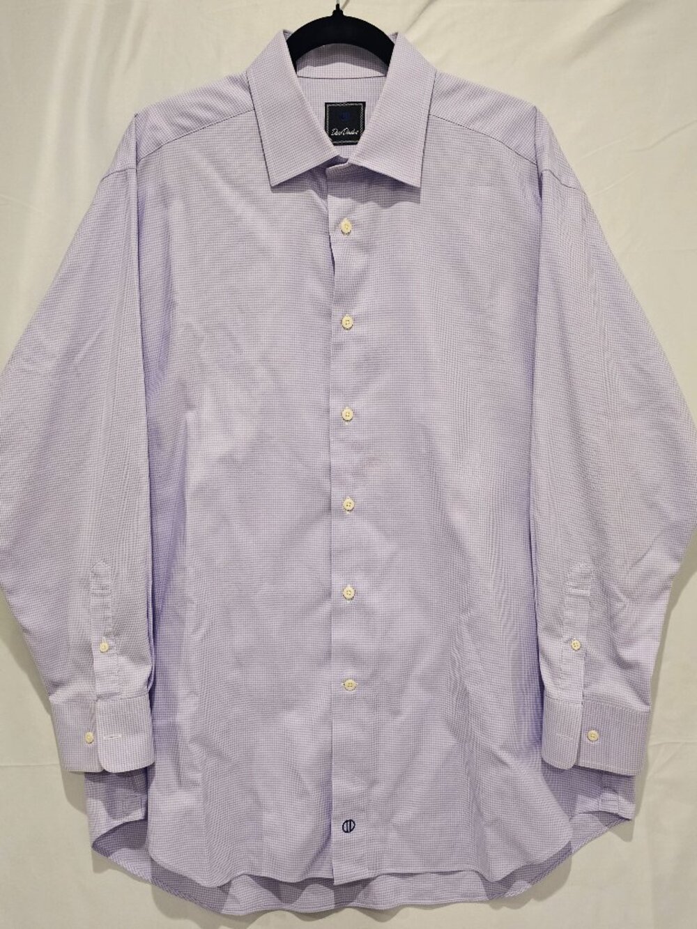 David Donahue Men's Dress Shirt 17 32/33 Purple Check 100% Cotton Long Sleeve